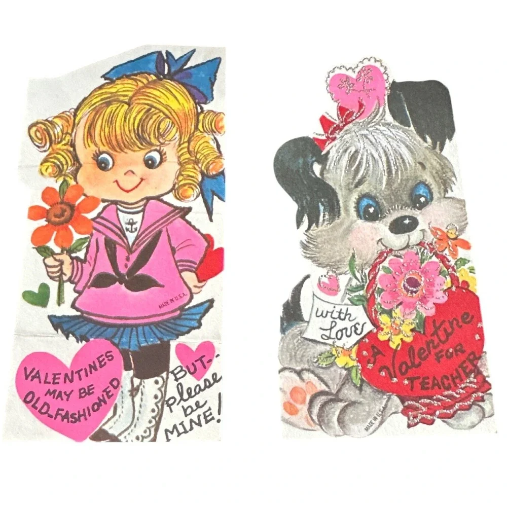 Vintage Die Cut Valentine Cards‎ Lot Girl Sailor Suit Puppy Dog Teacher Glitter